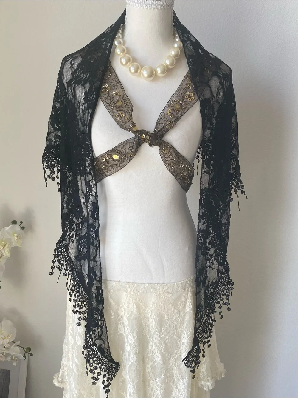 Black Lace Triangle Scarf with Beaded Fringe